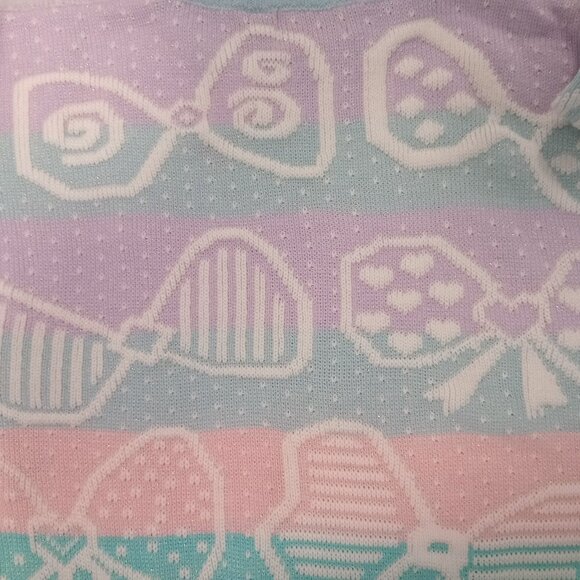 Vintage 80s Pastel Knit Sweater Geometric Bow Pattern Retro Pullover Holiday L - Picture 8 of 9